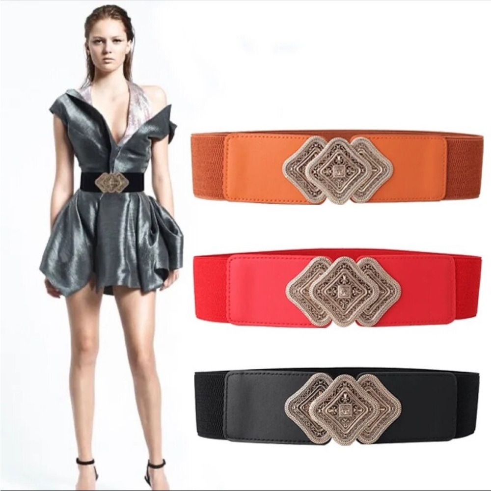 Black Elastic Leather Gold Buckle Fashion Belt - Picture 9 of 9